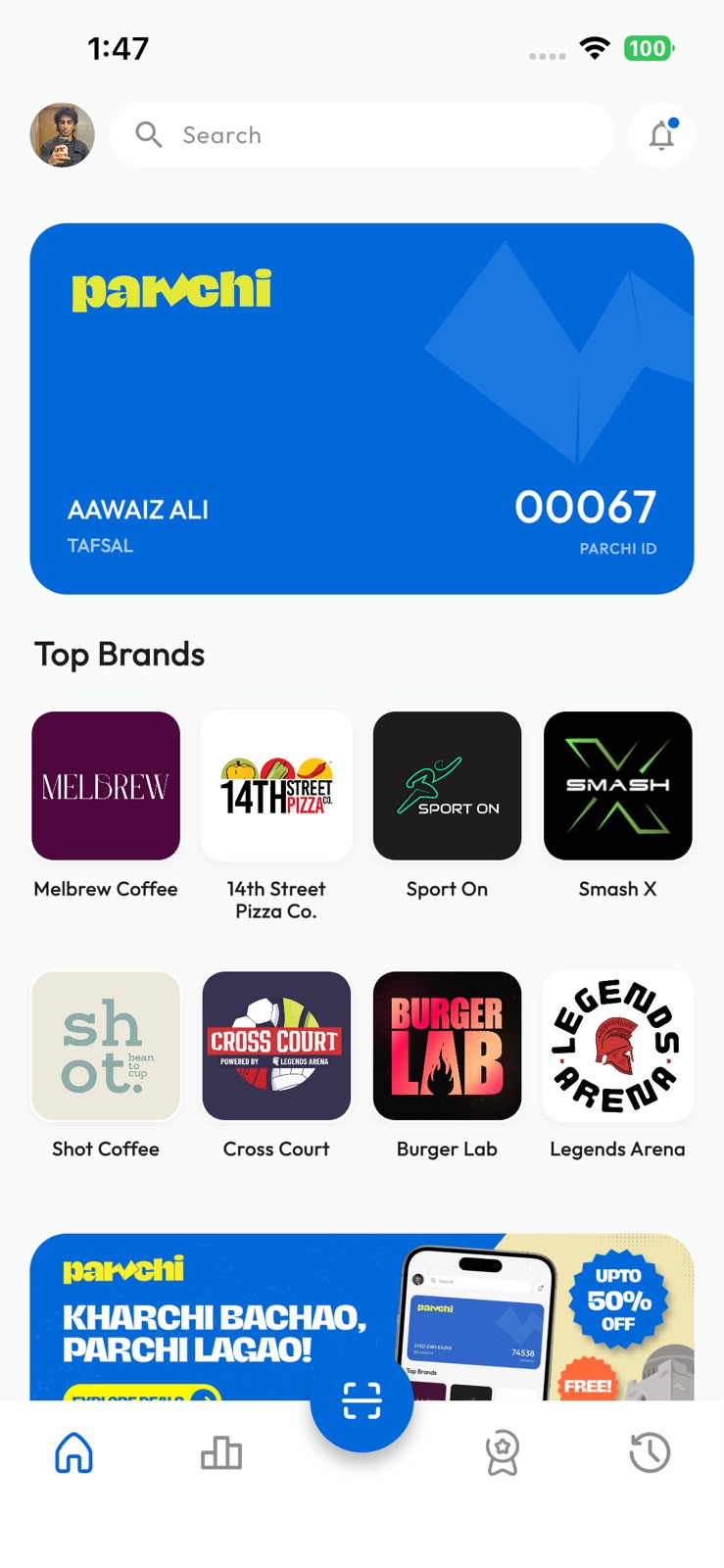 Parchi home screen with the student ID card and top brands