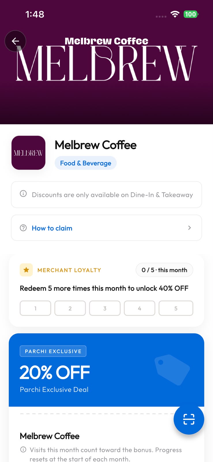 Parchi merchant page with a 20% off exclusive deal and loyalty progress